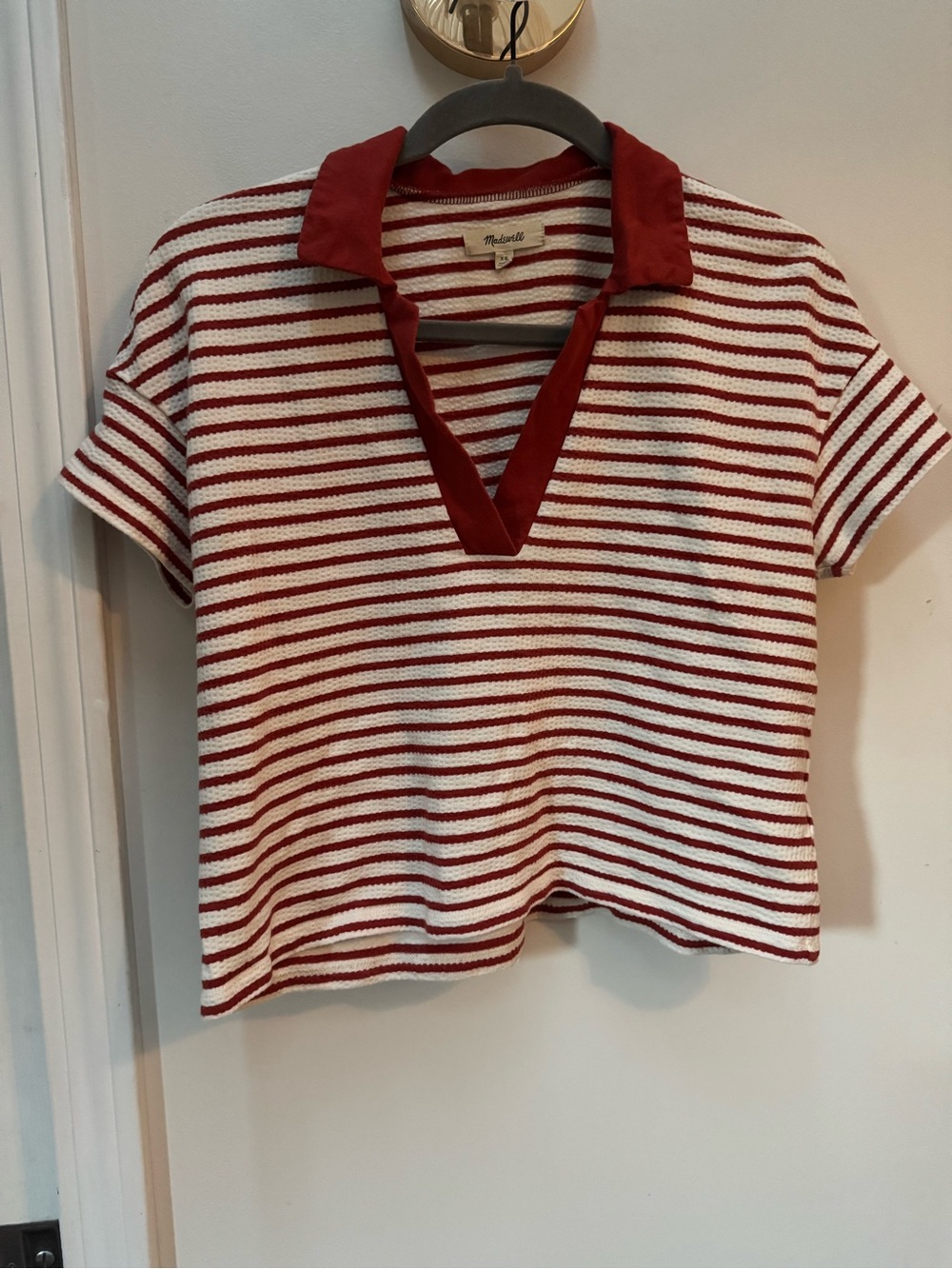 Madewell Rust and White Striped Cropped Polo Tee